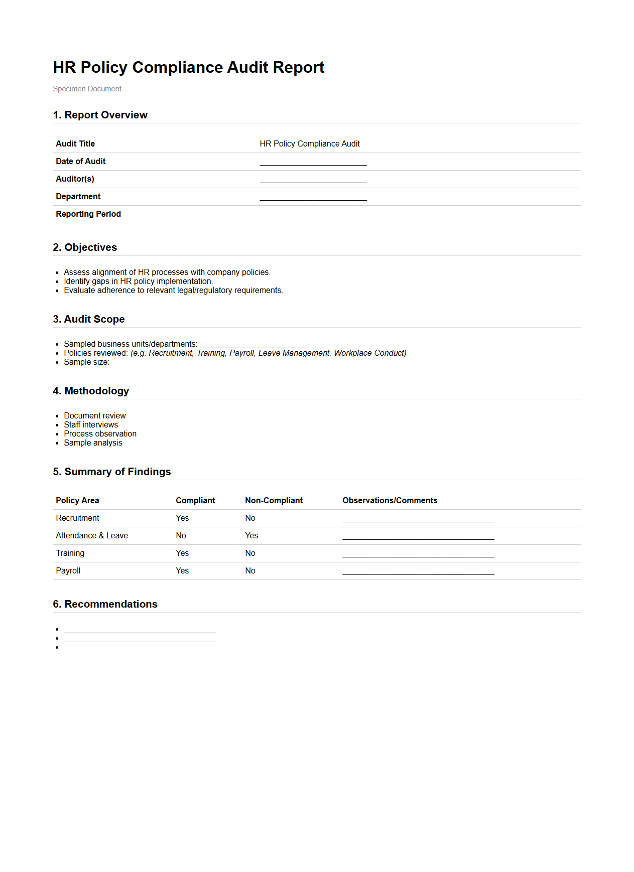 HR Policy Compliance Audit Report Specimen