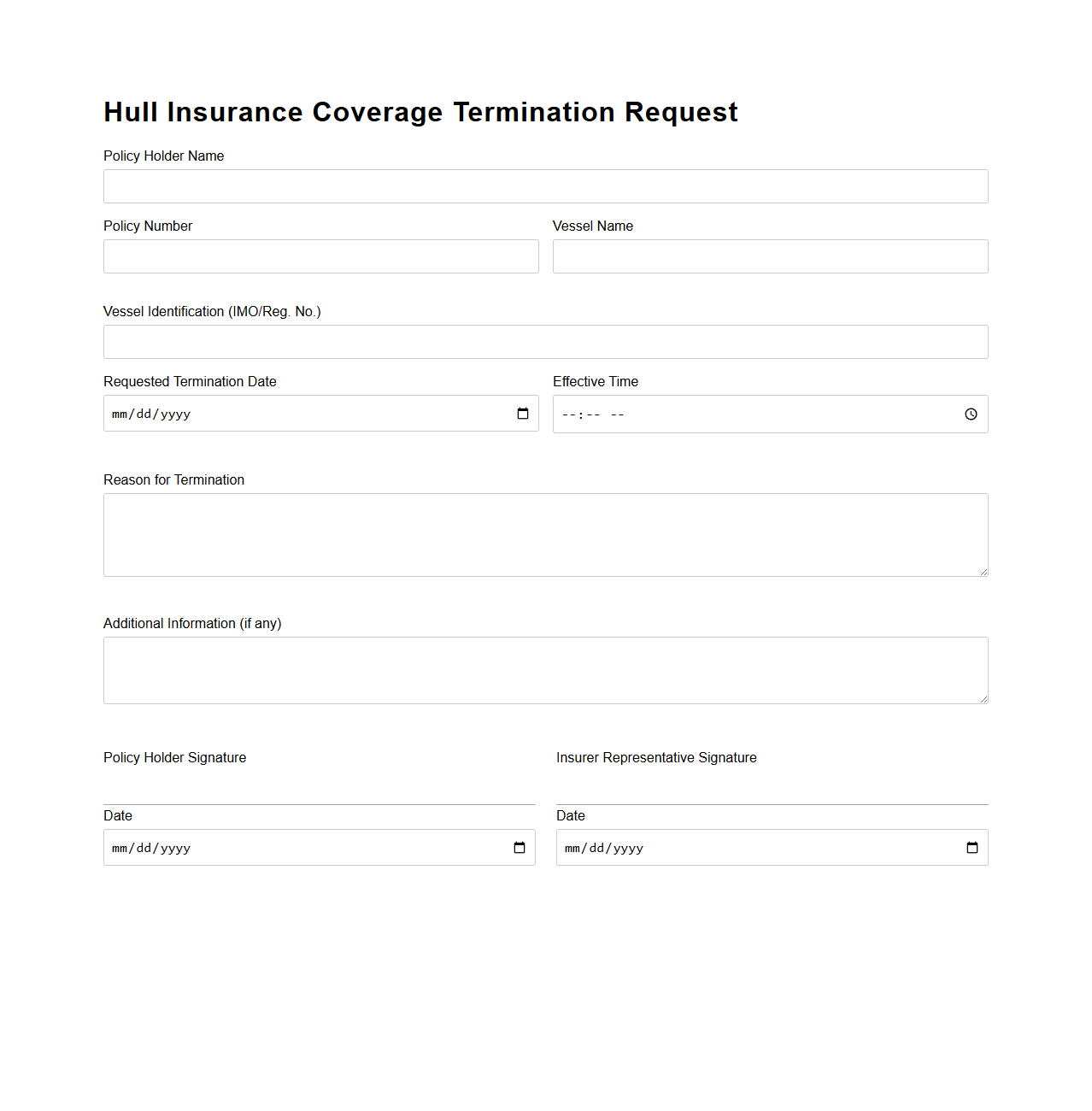Hull Insurance Coverage Termination Request Document