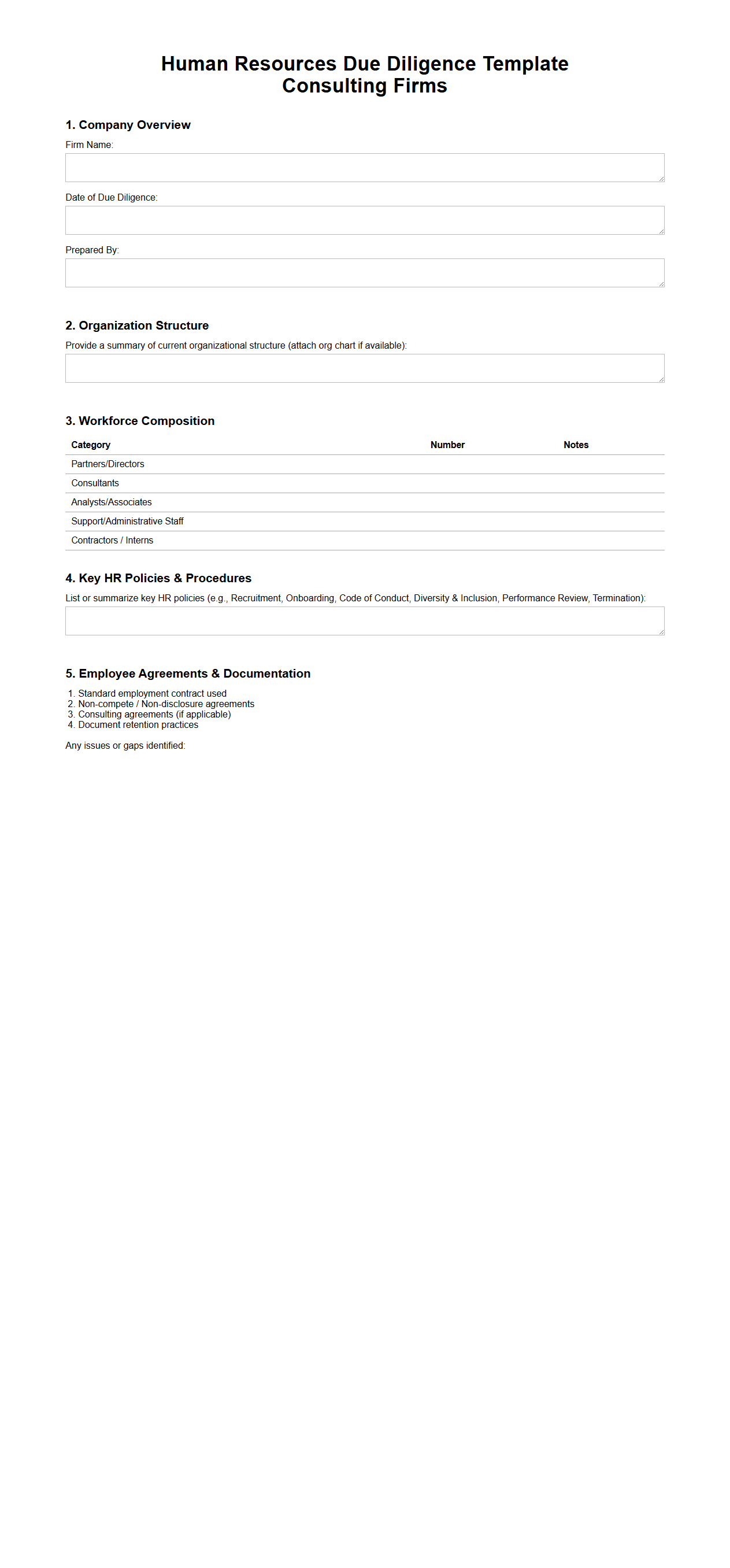 Human Resources Due Diligence Template for Consulting Firms