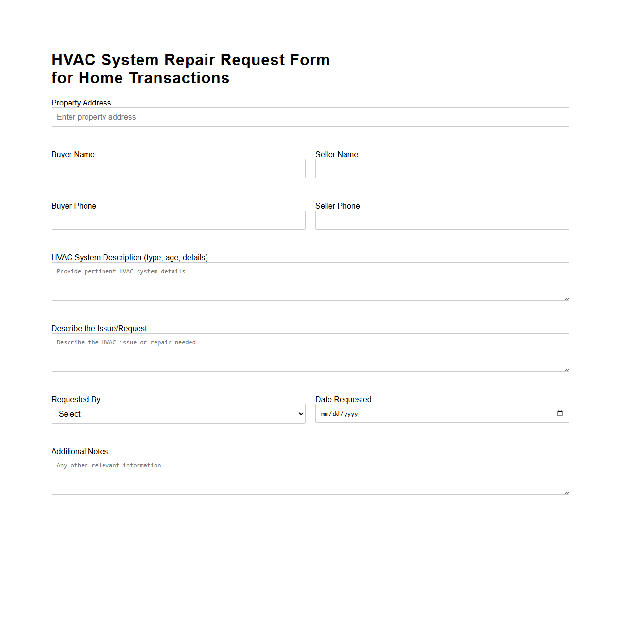 HVAC System Repair Request Form for Home Transactions