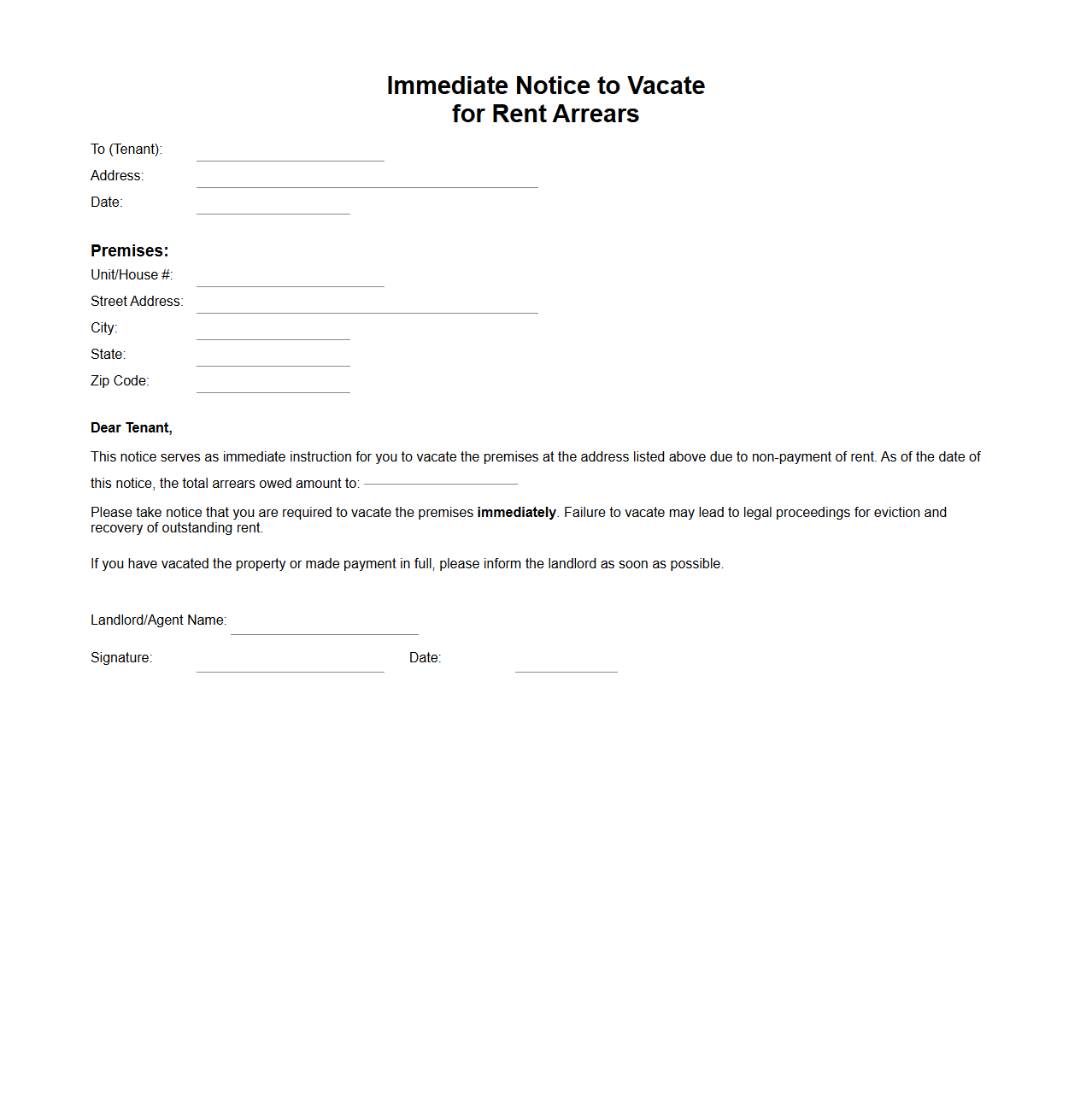 Immediate Notice to Vacate for Rent Arrears
