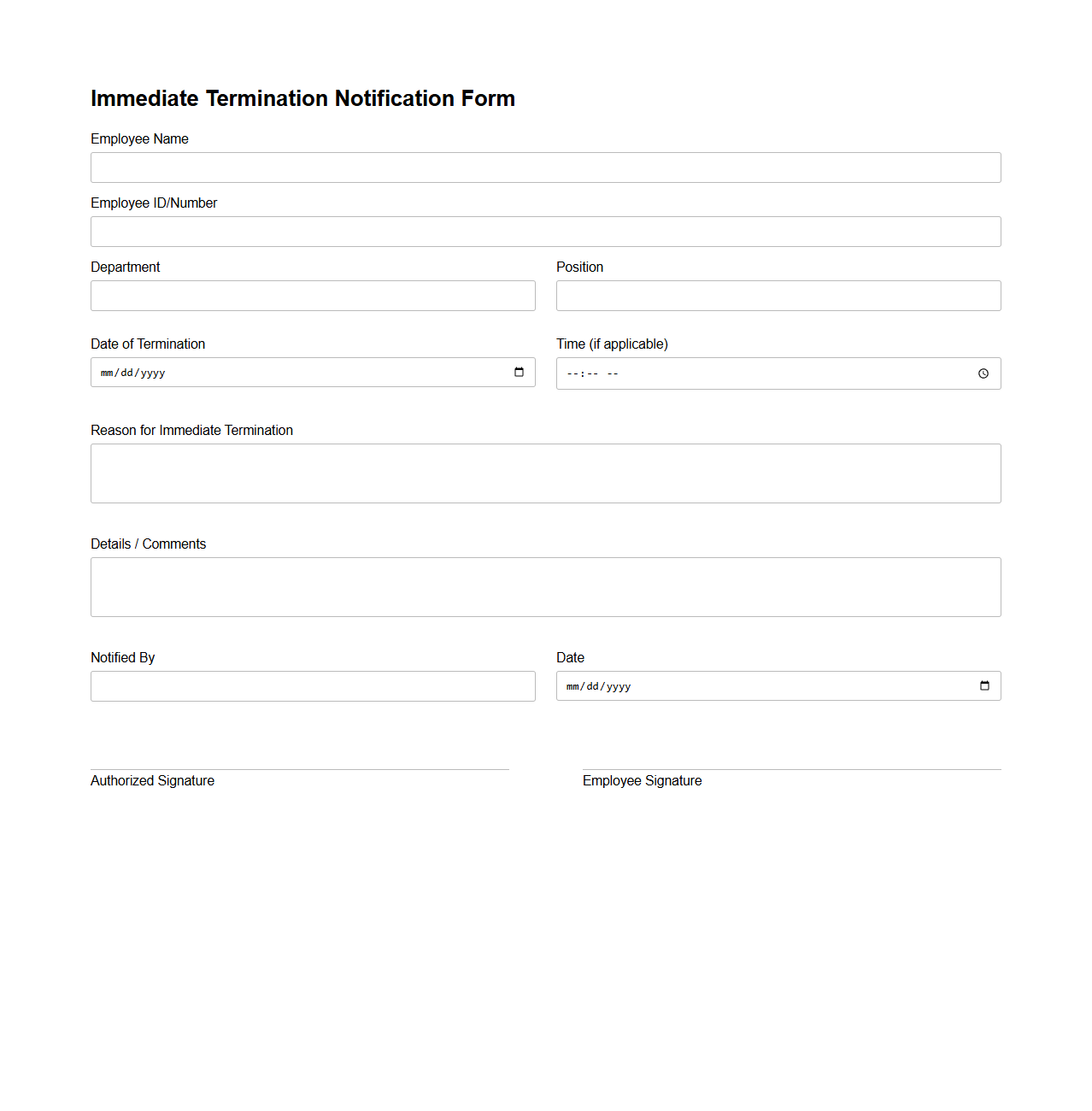 Immediate Termination Notification Form