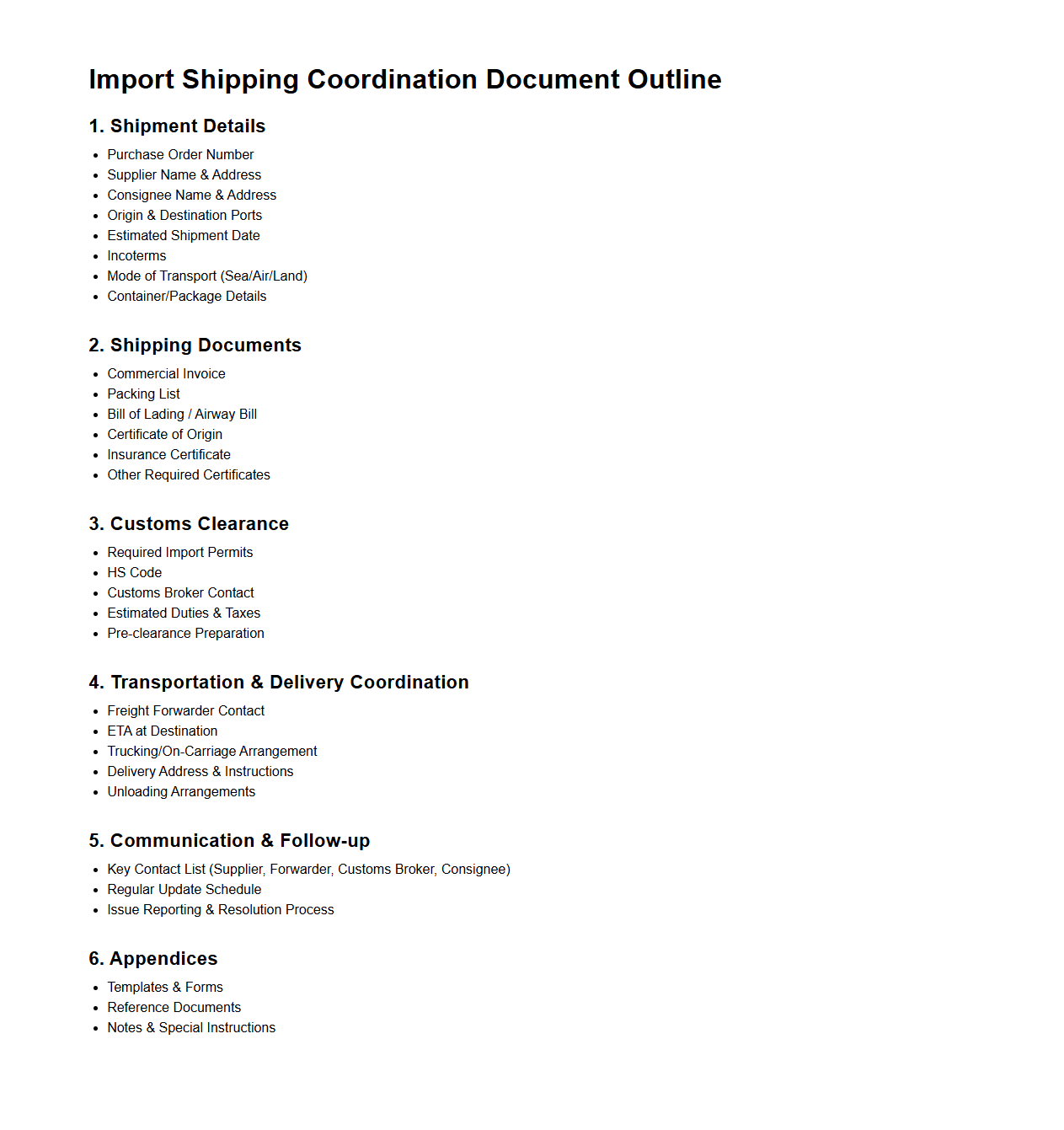 Import Shipping Coordination Document Outline