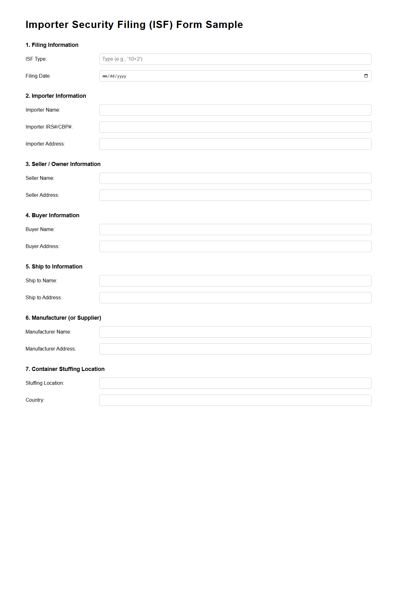 Importer Security Filing Form Sample