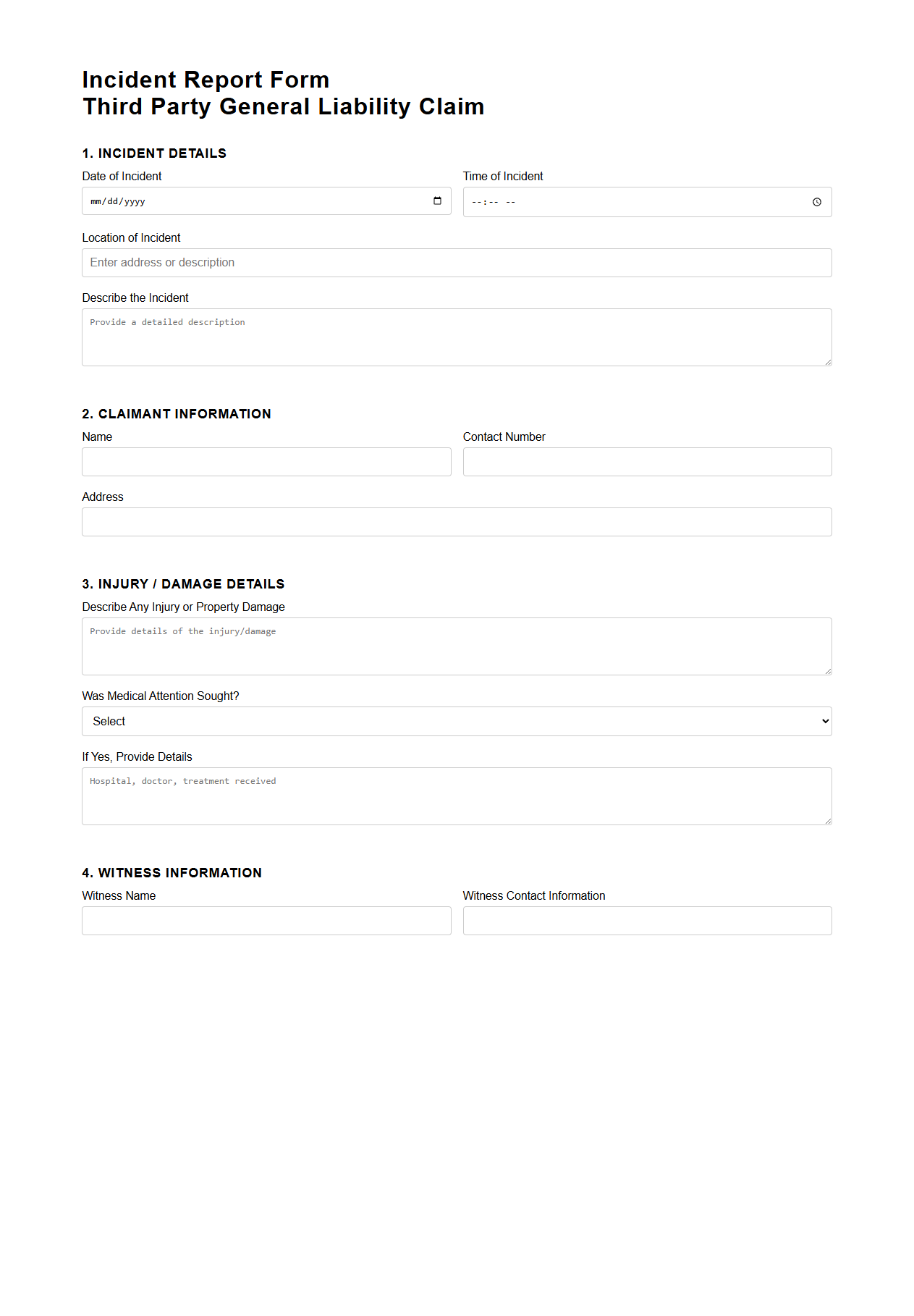 Incident Report Form for Third Party General Liability Claims