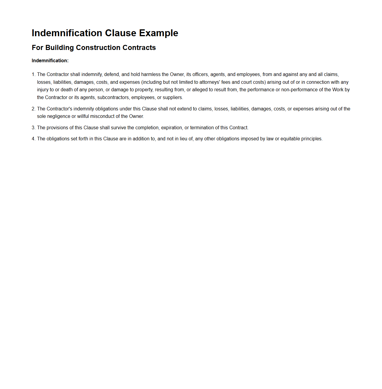 Indemnification Clause Example for Building Construction Contracts