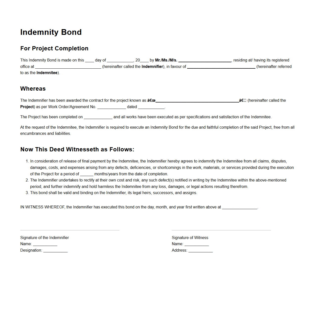 Indemnity Bond Example for Project Completion