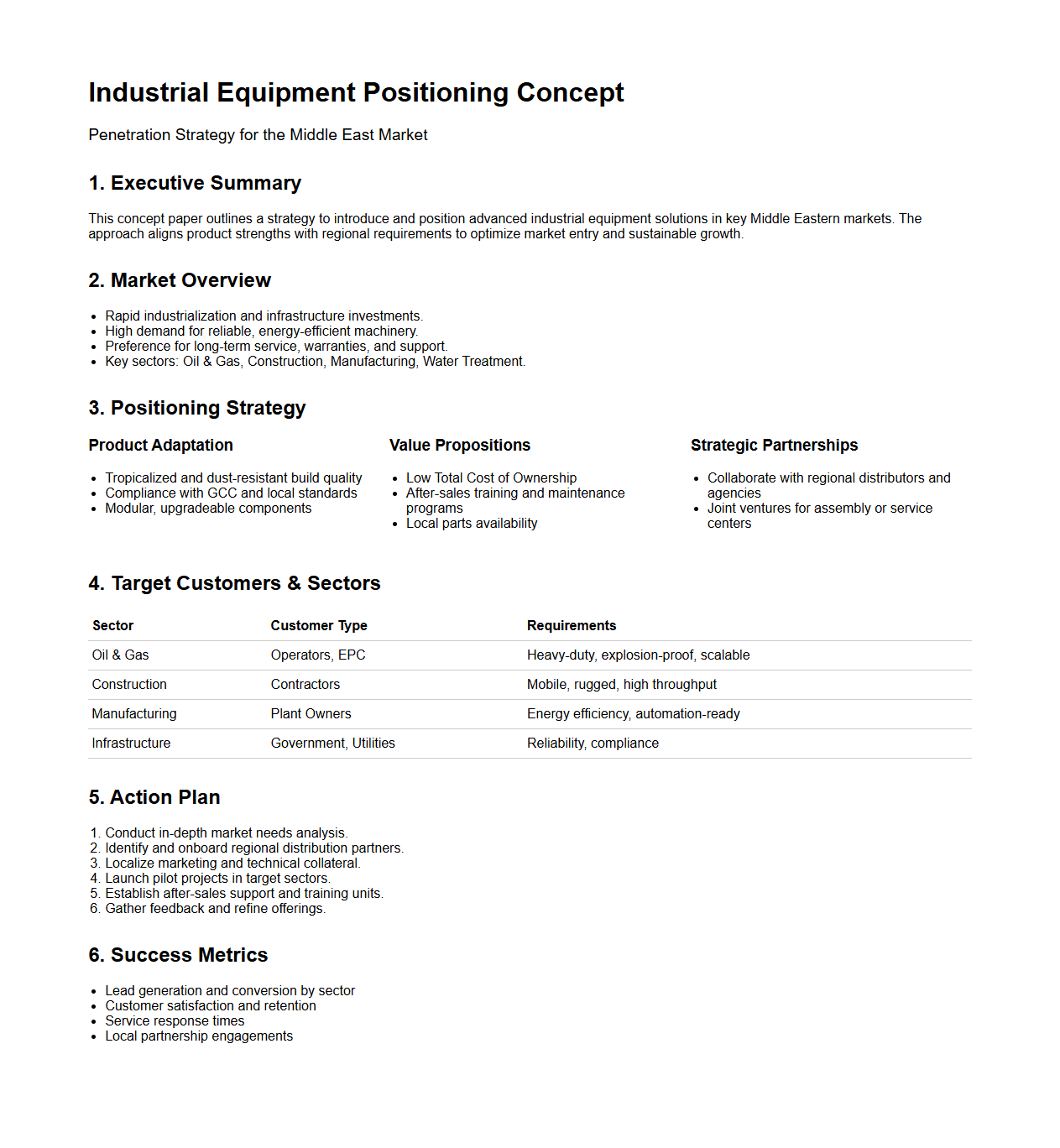 Industrial Equipment Positioning Concept for Middle East Penetration