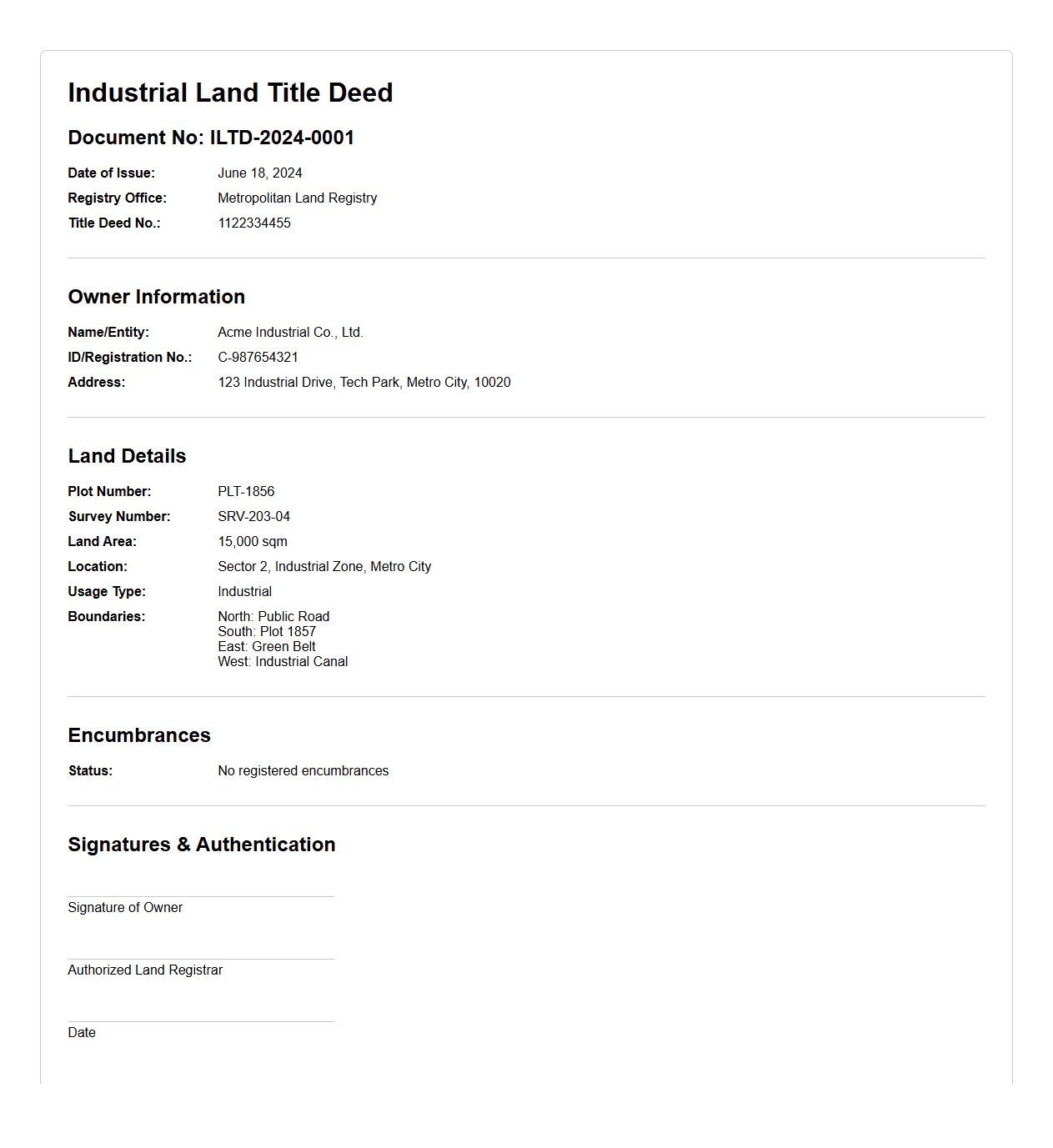 Industrial Land Title Deed Example