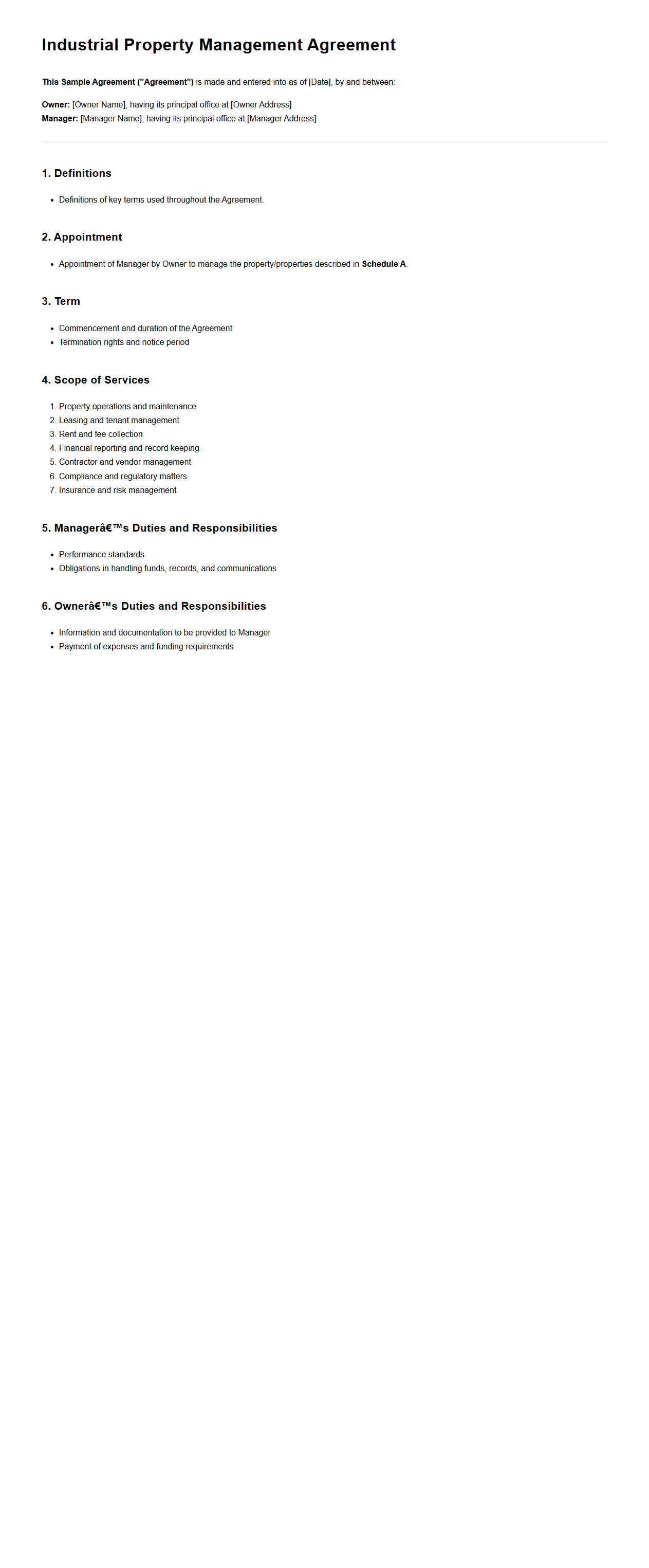 Industrial Property Management Agreement Structure
