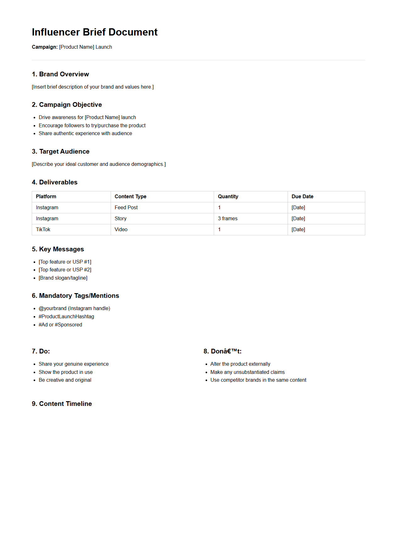 Influencer Brief Document Example for Product Launches