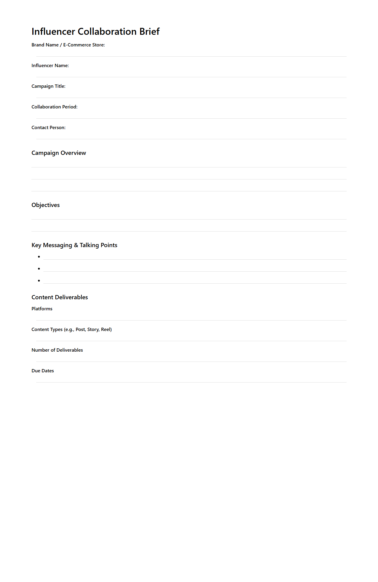 Influencer Collaboration Brief for E-Commerce