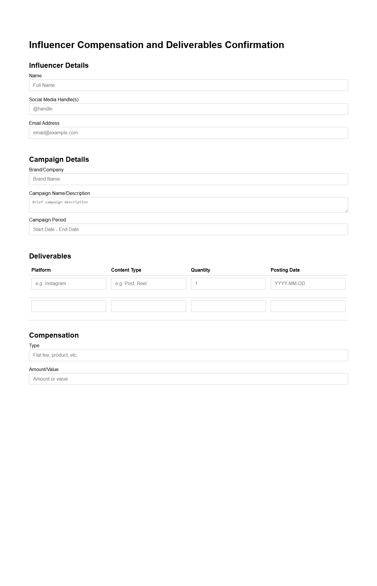 Influencer Compensation and Deliverables Confirmation