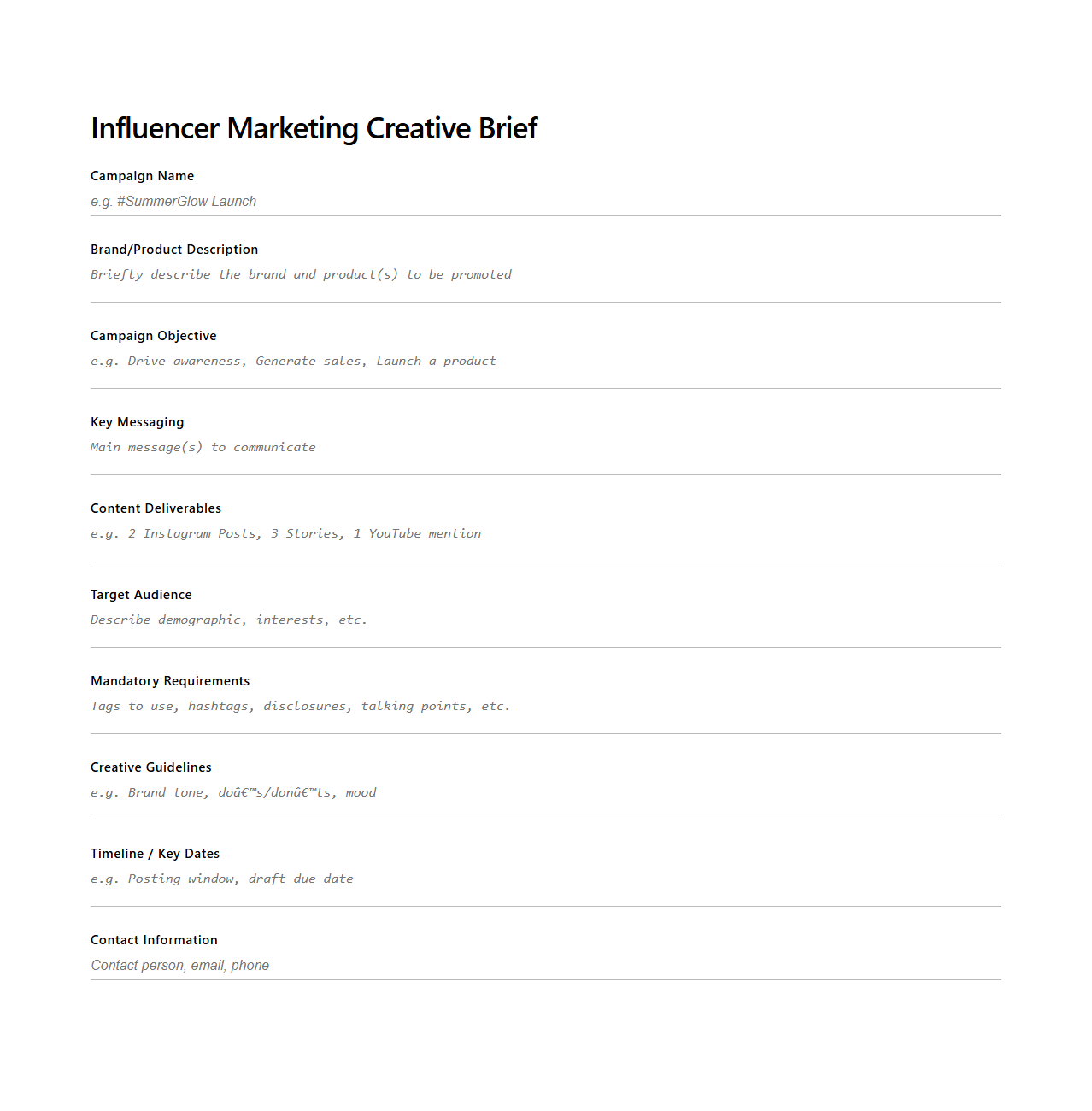 Influencer Marketing Creative Brief Sample