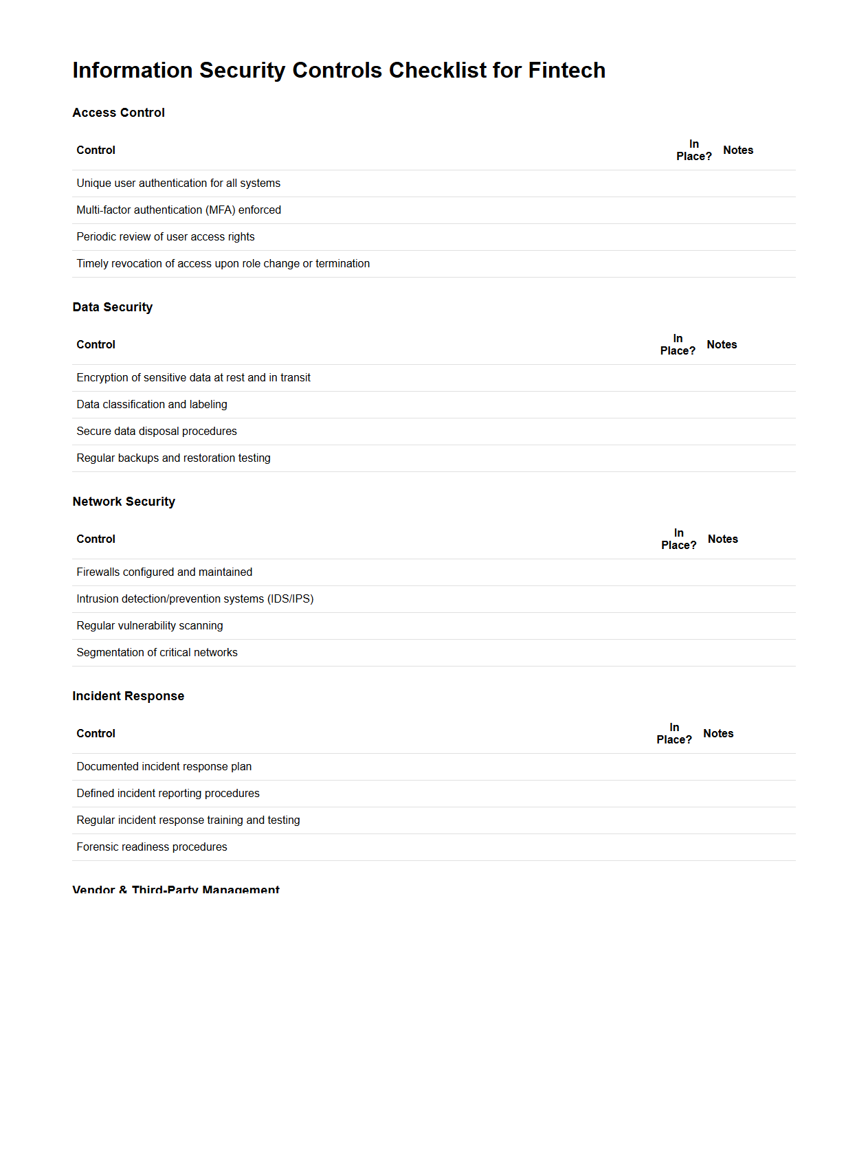 Information Security Controls Checklist for Fintech
