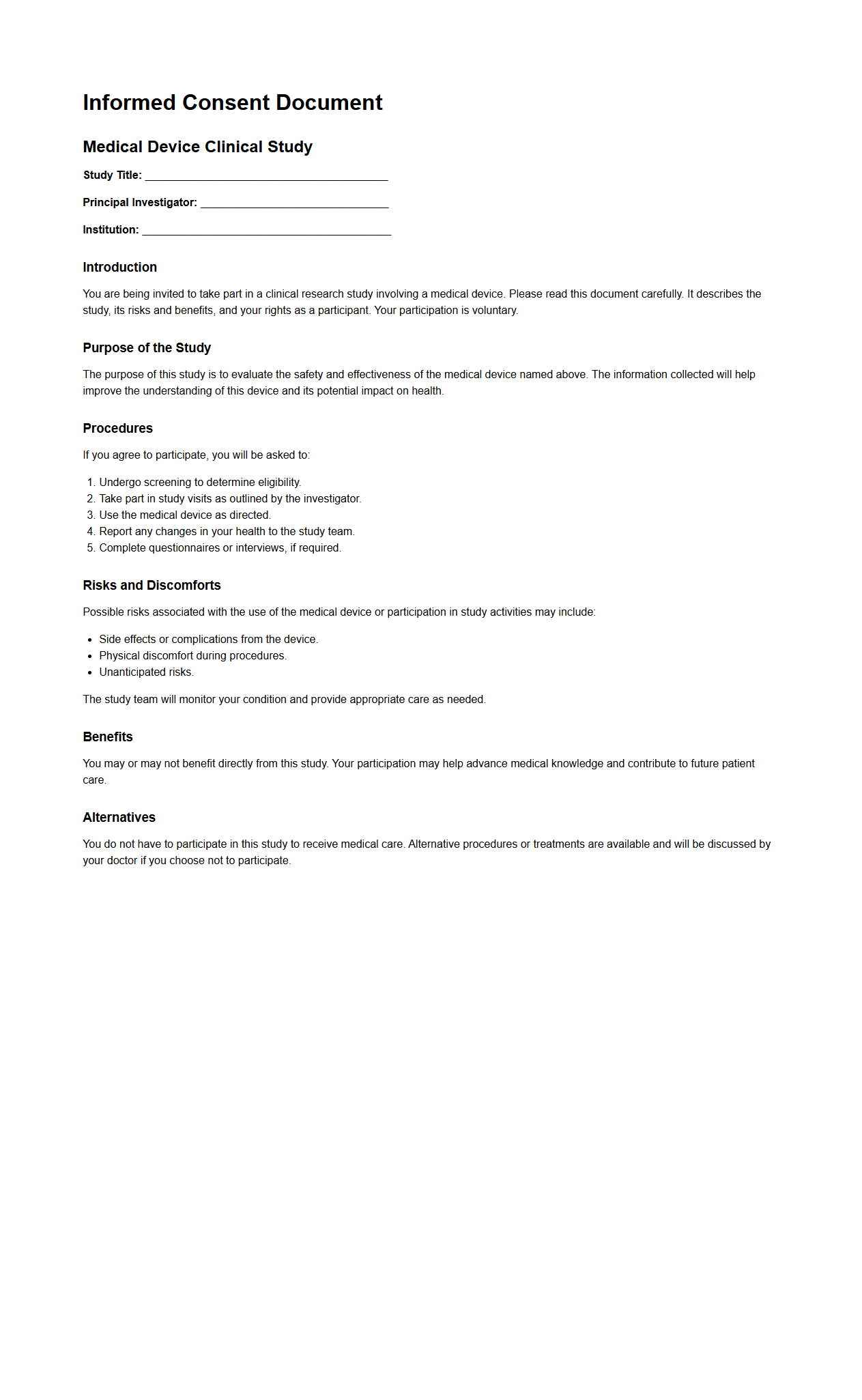 Informed Consent Document for Medical Device Clinical Studies