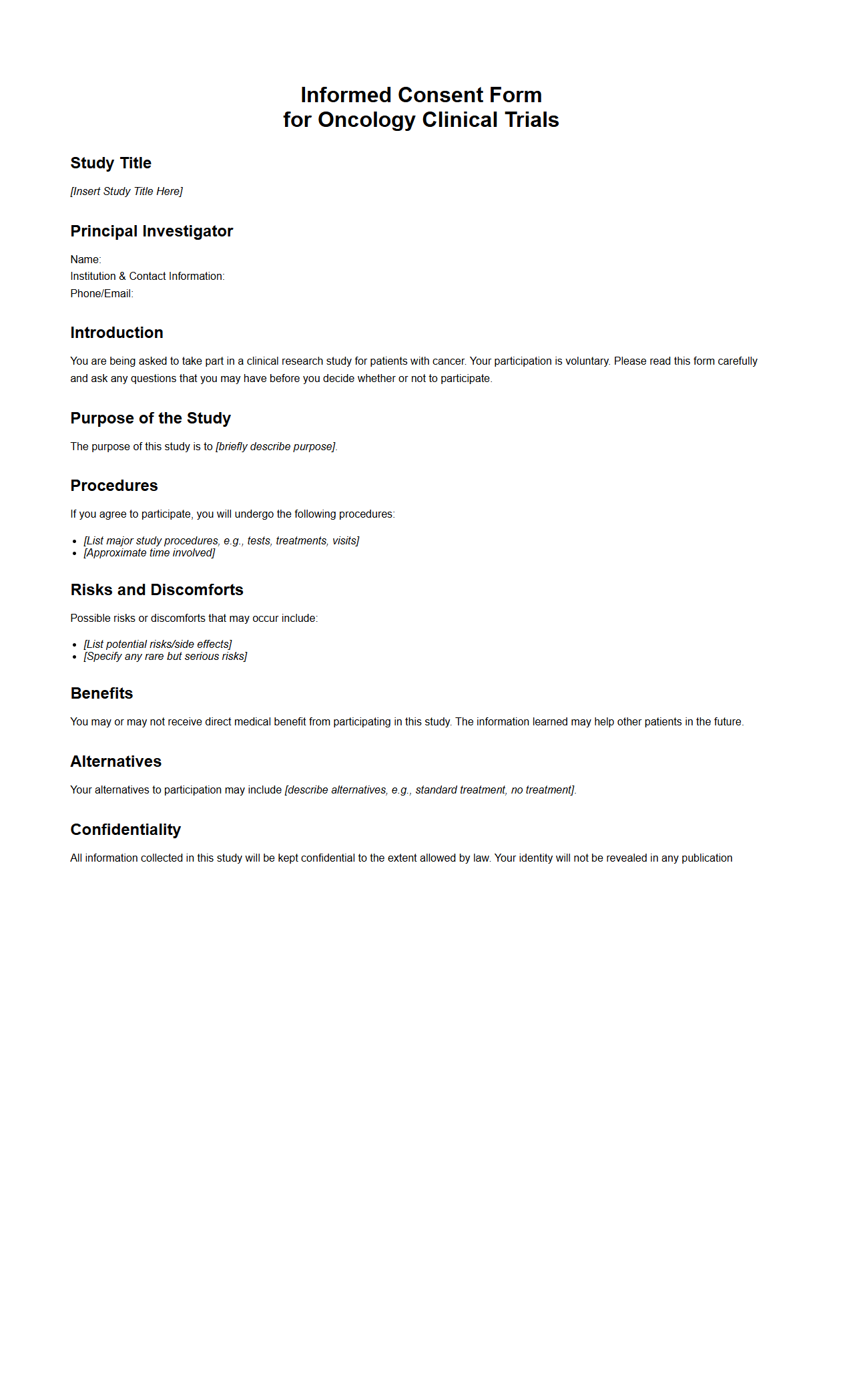 Informed Consent Form for Oncology Clinical Trials