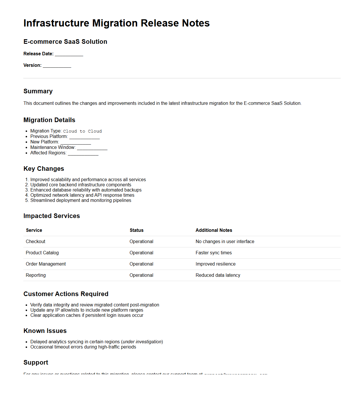 Infrastructure Migration Release Notes for E-commerce SaaS Solution