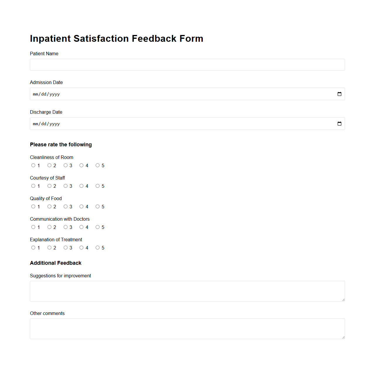 Inpatient Satisfaction Feedback Form Example