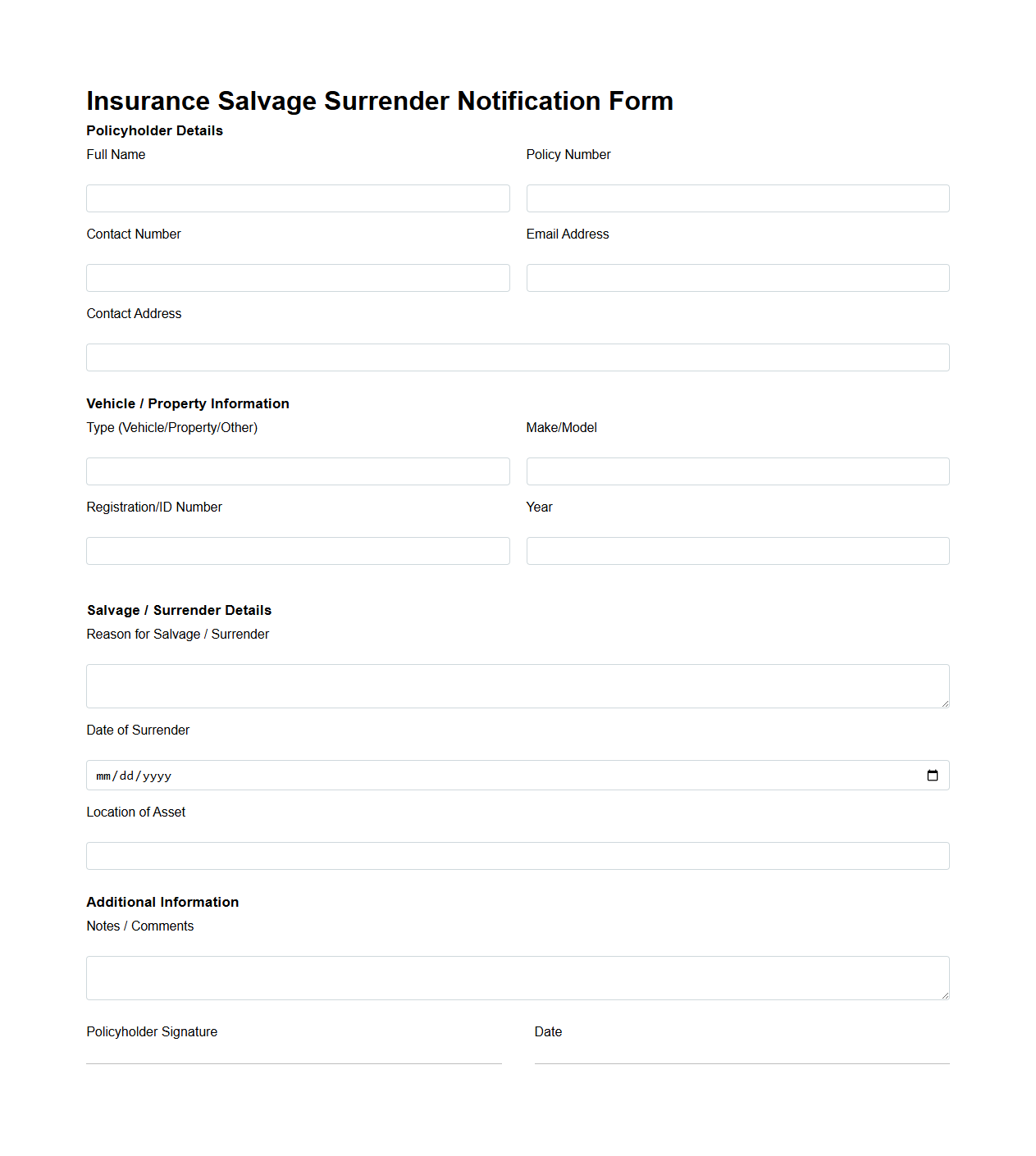 Insurance Salvage Surrender Notification Form