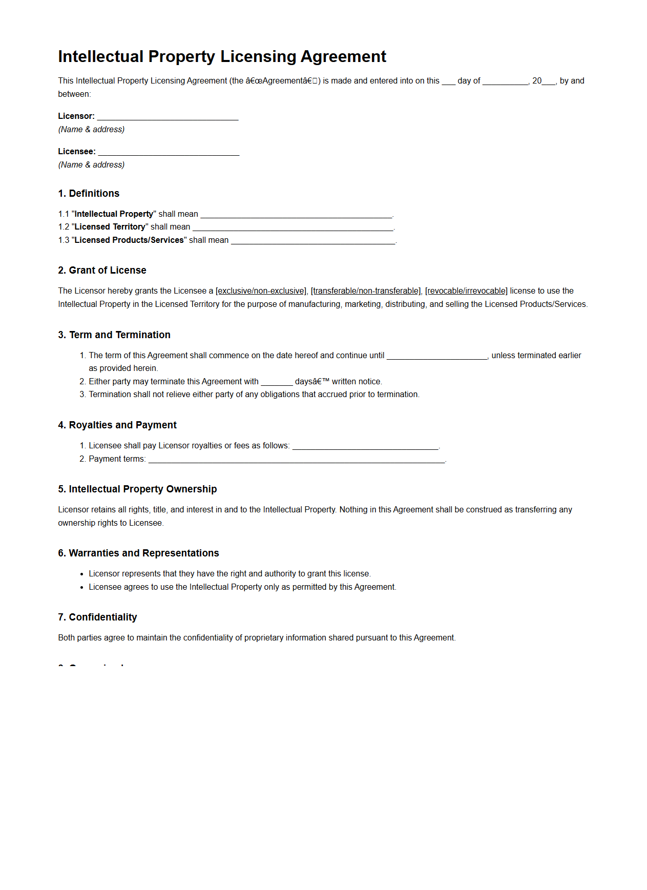 Intellectual Property Licensing Agreement Template