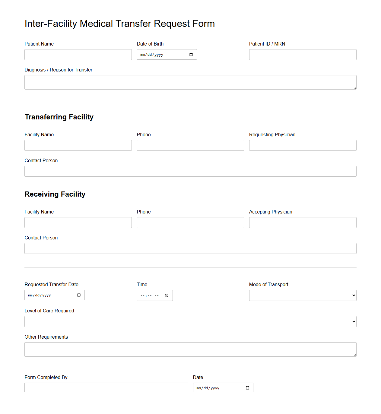 Inter-Facility Medical Transfer Request Form