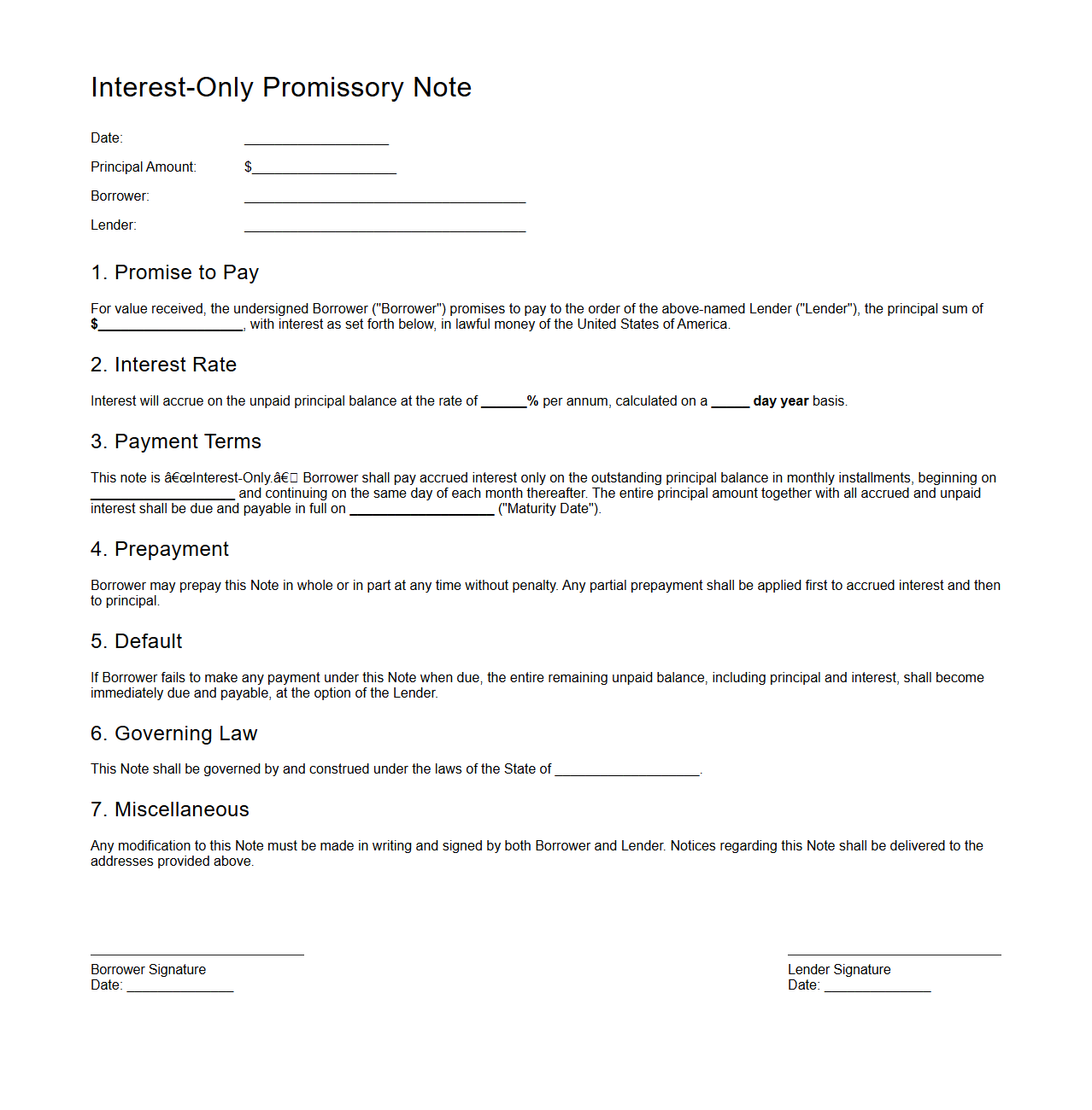 Interest-Only Promissory Note for Financial Agreements