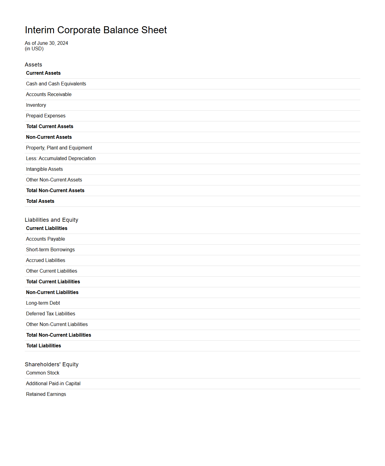 Interim Corporate Balance Sheet Example