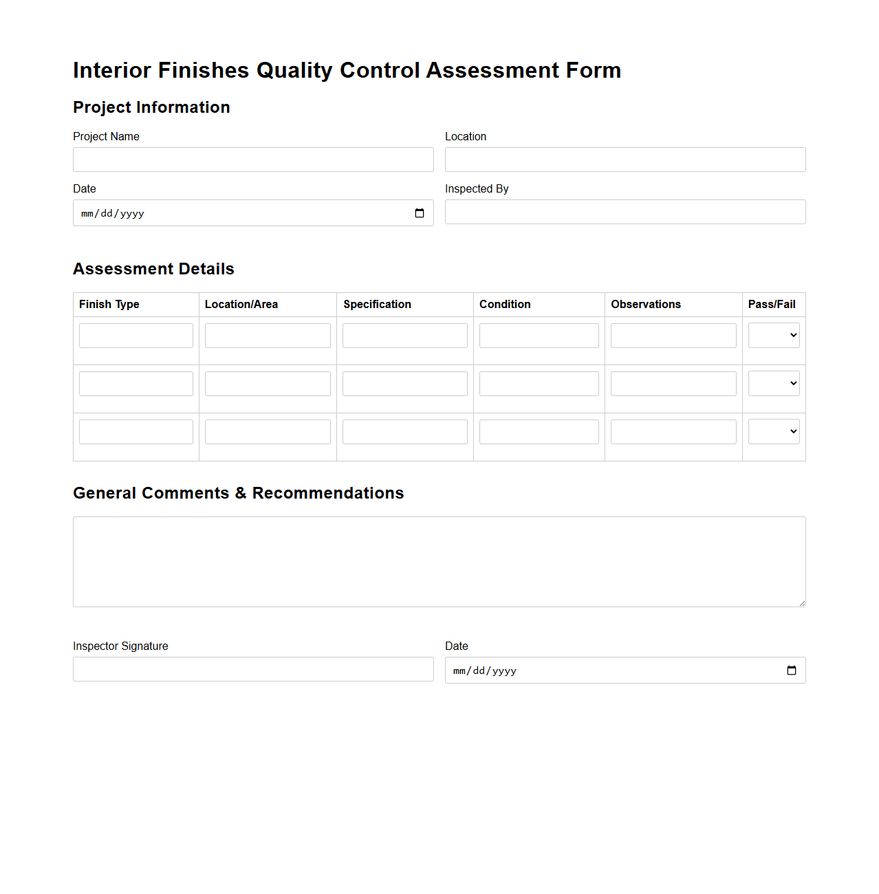 Interior Finishes Quality Control Assessment Form
