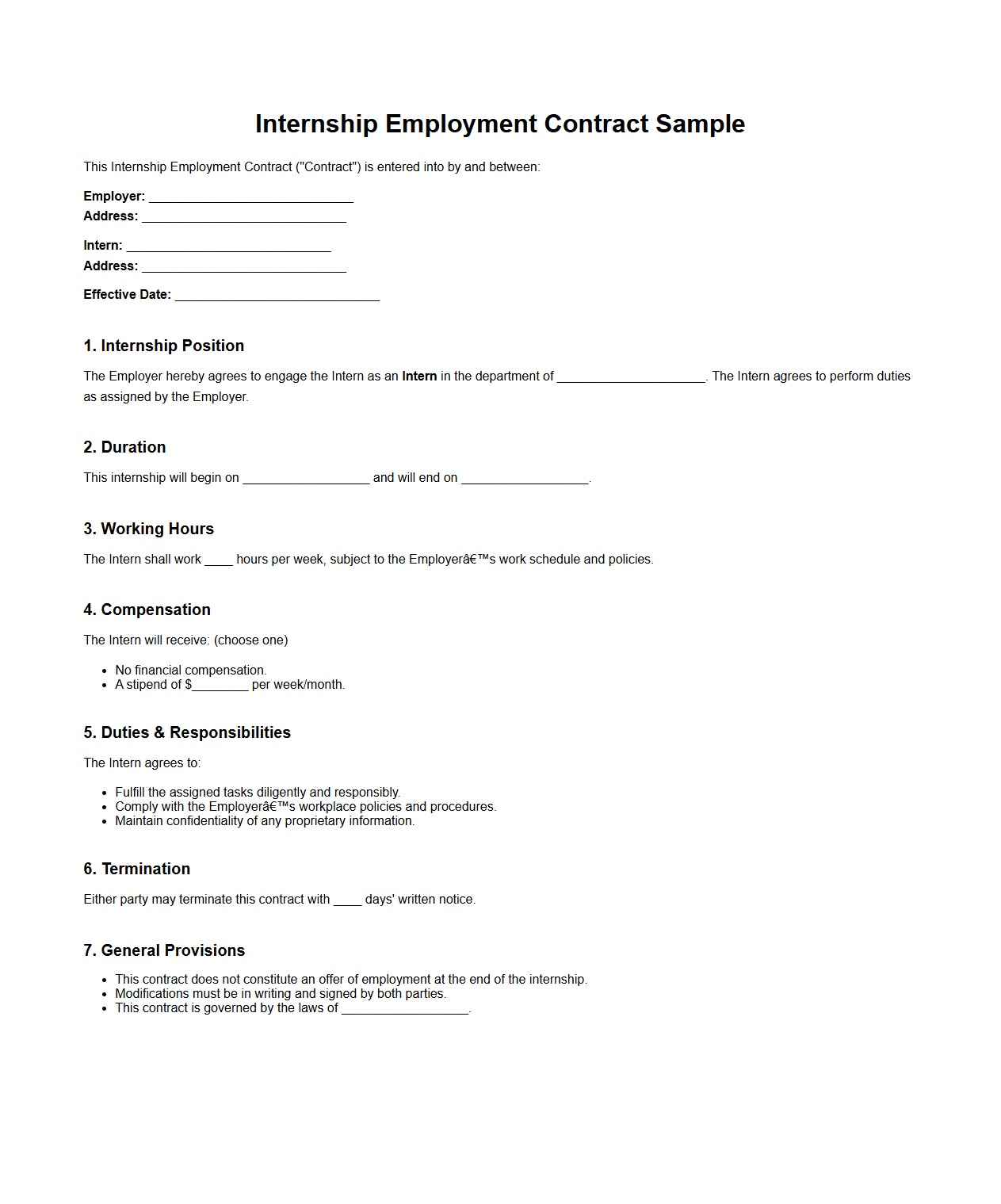 Internship Employment Contract Sample for New Interns