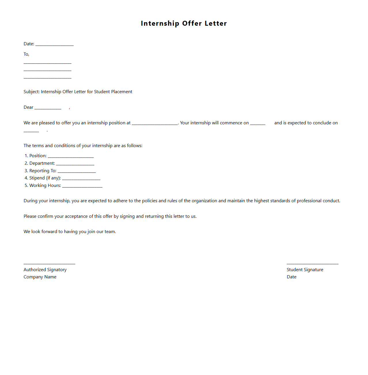 Internship Offer Letter for Student Placement