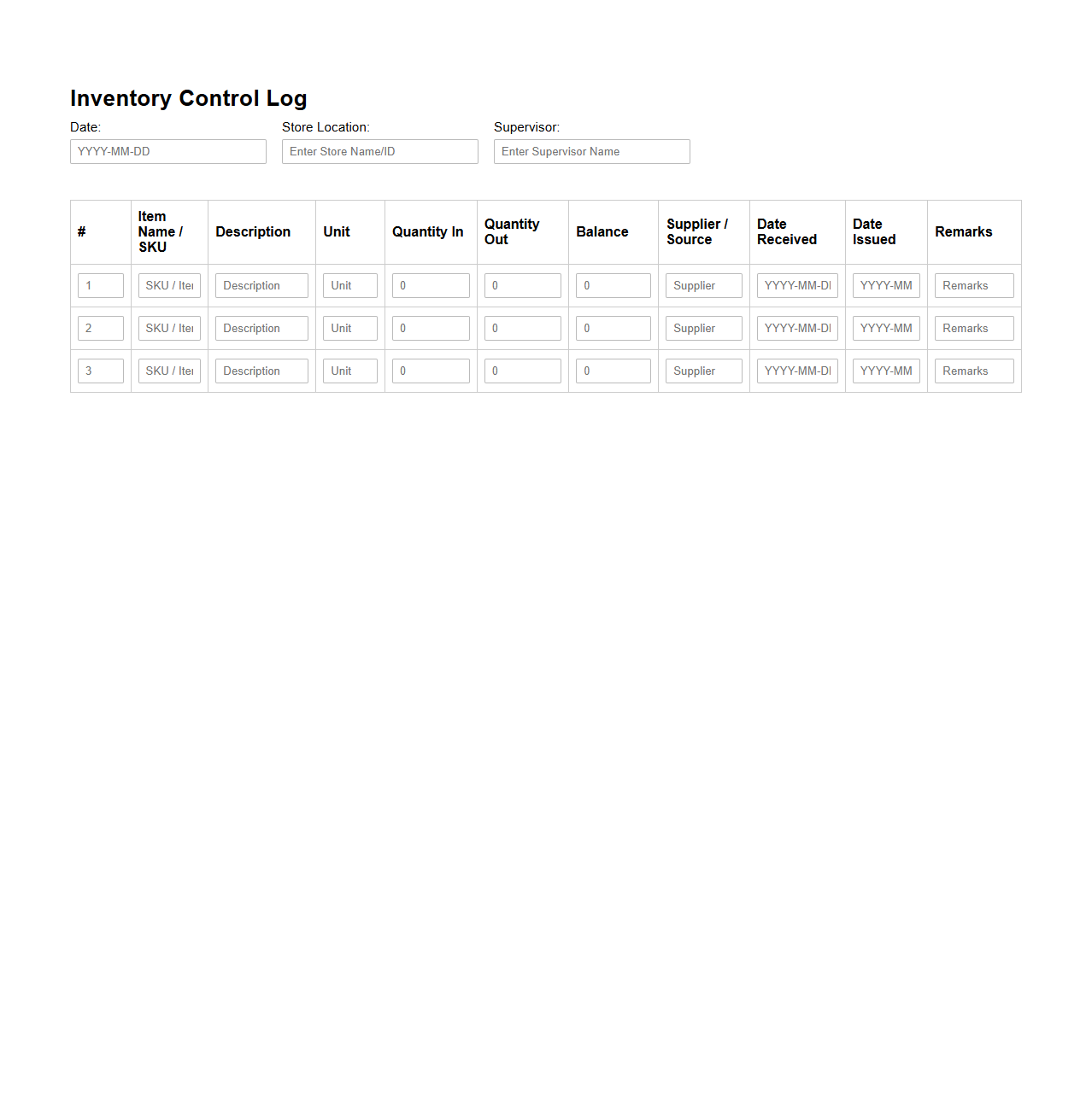 Inventory Control Log for Retail Operations