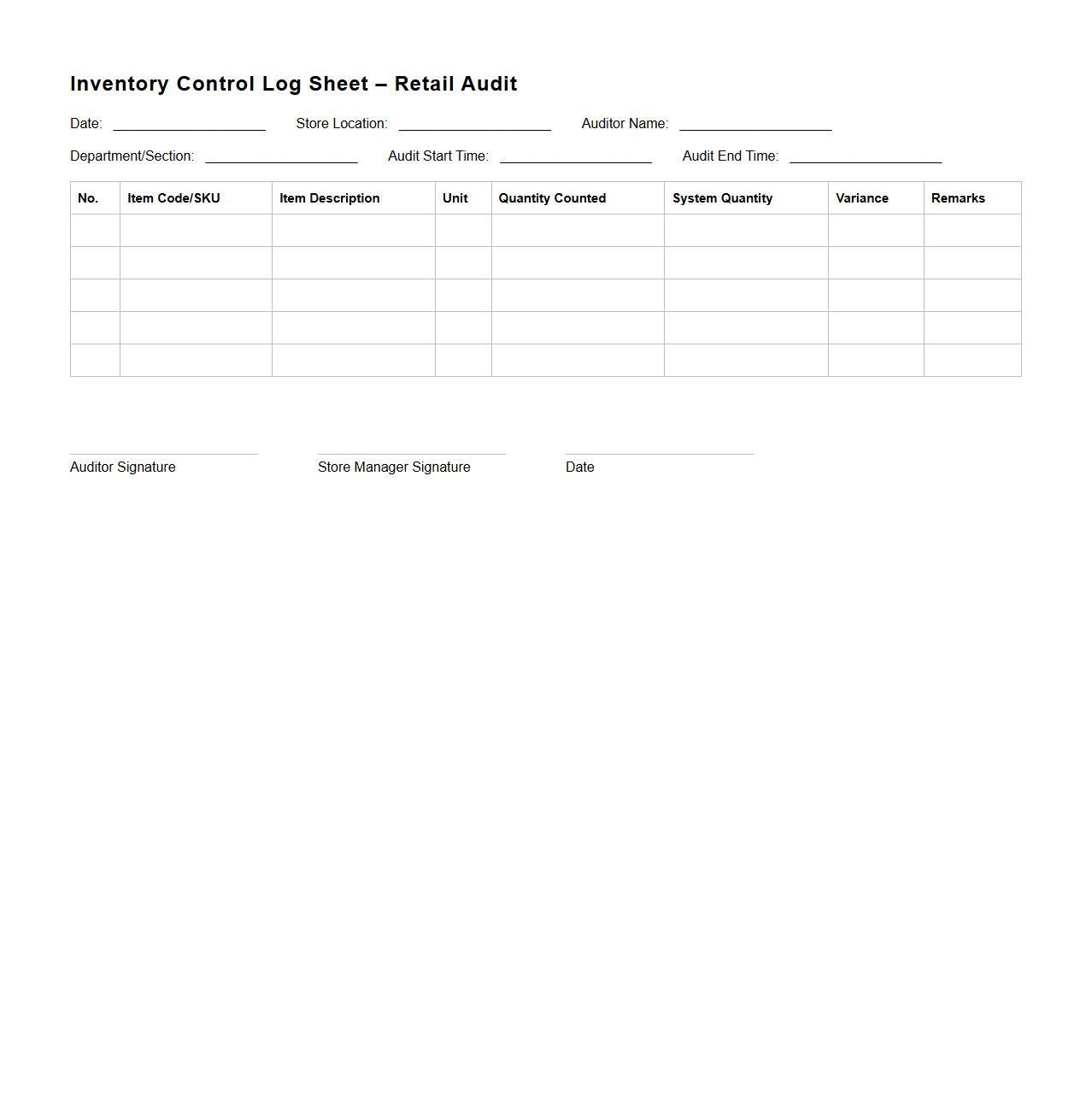 Inventory Control Log Sheet for Retail Audit