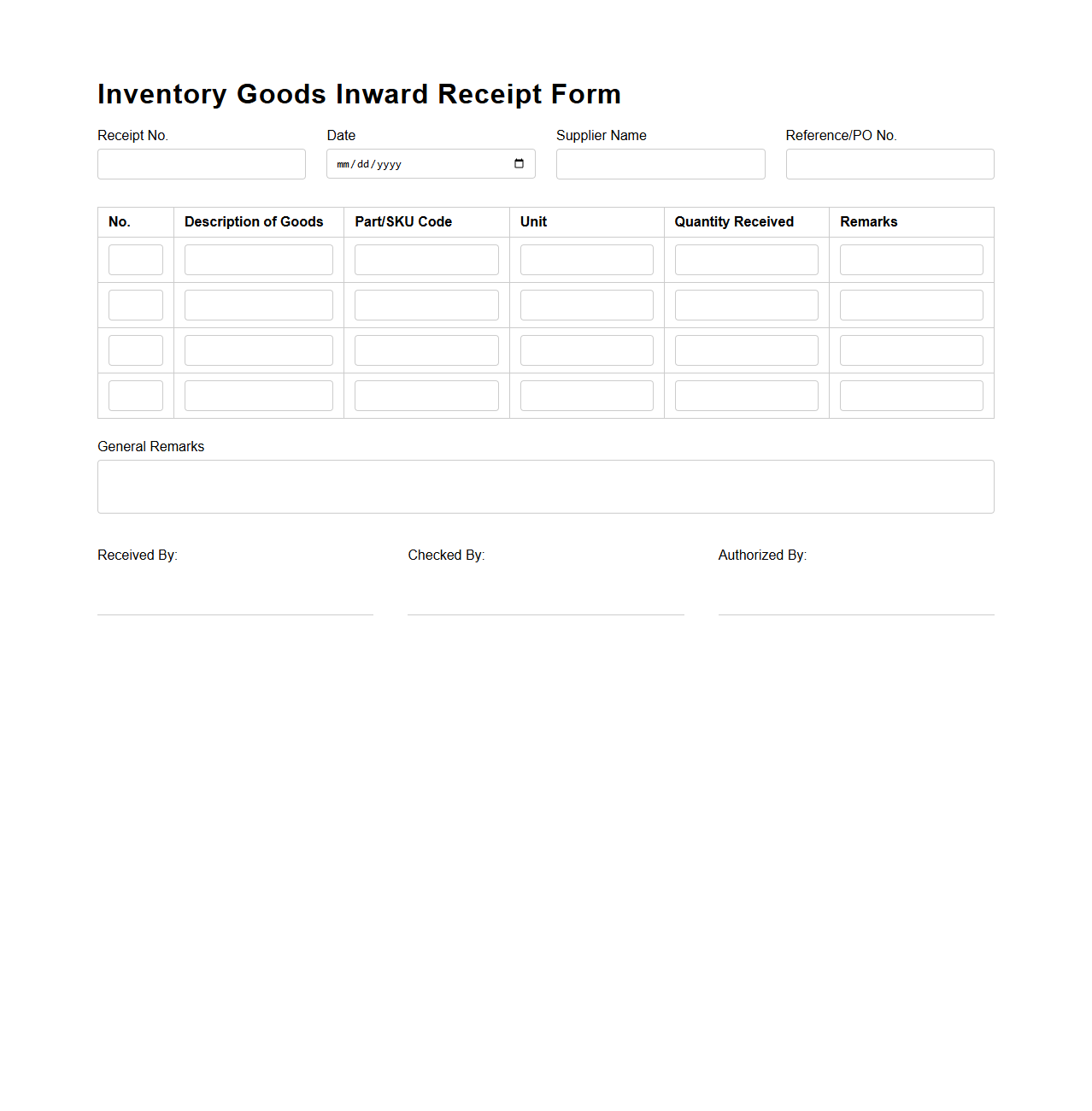 Inventory Goods Inward Receipt Form