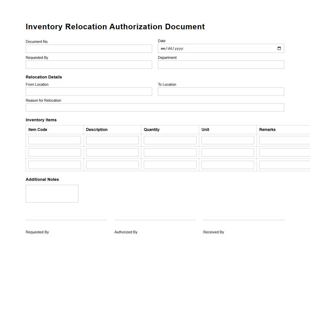 Inventory Relocation Authorization Document