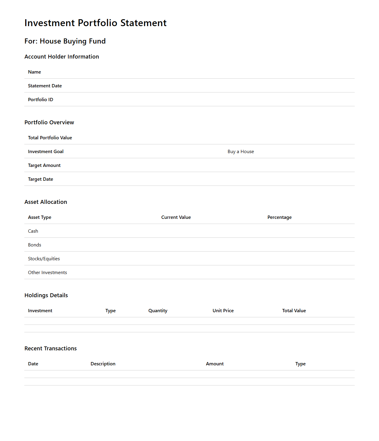 Investment Portfolio Statement for House Buying