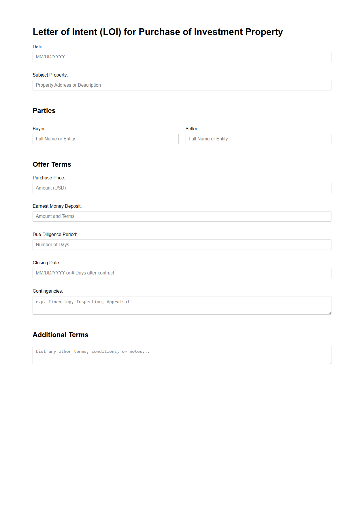 Investment Property LOI for Purchase Agreement