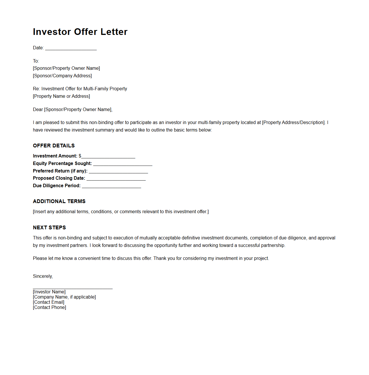 Investor Offer Letter for Multi-Family Property