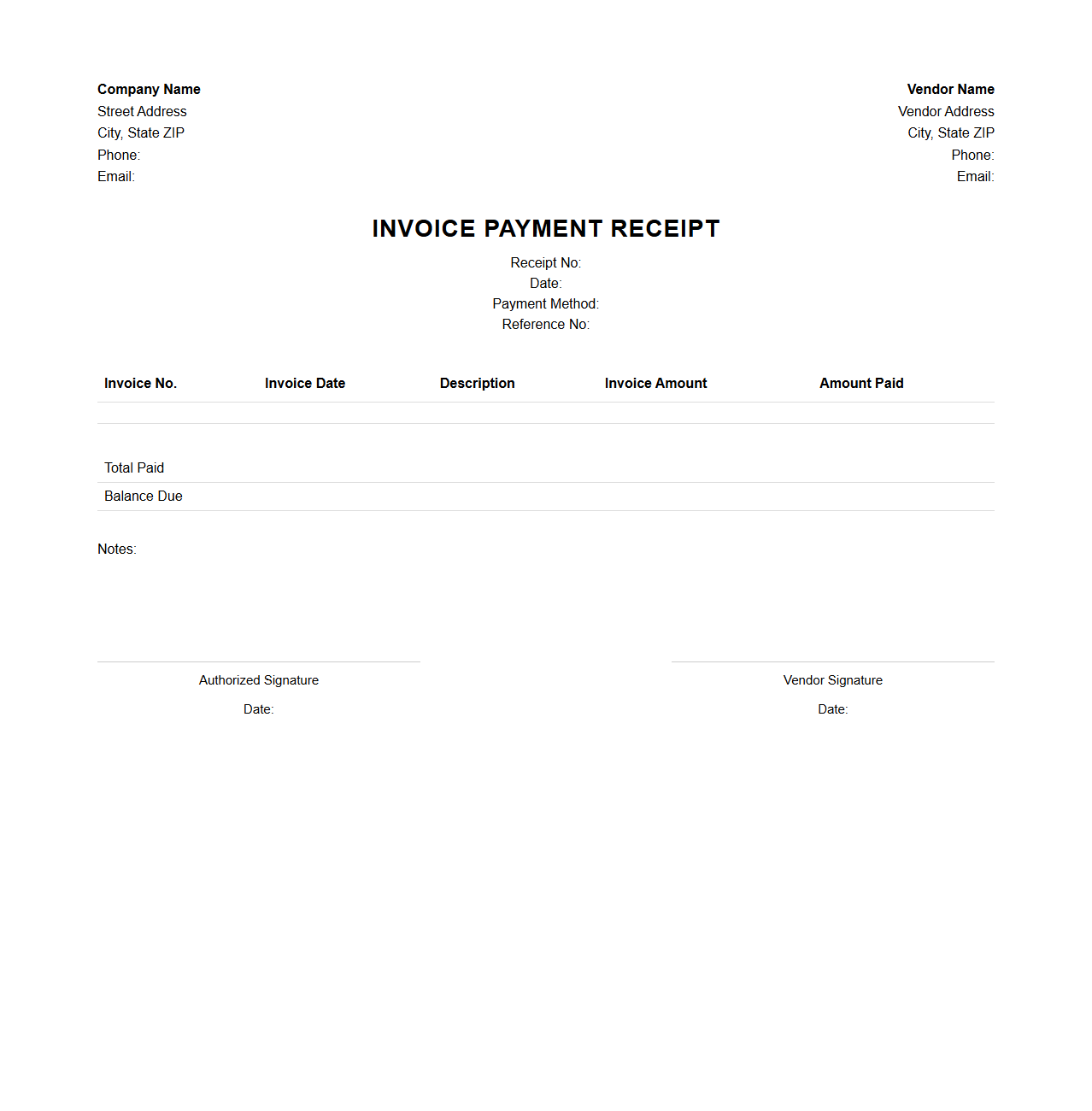 Invoice Payment Receipt for Vendor Payments