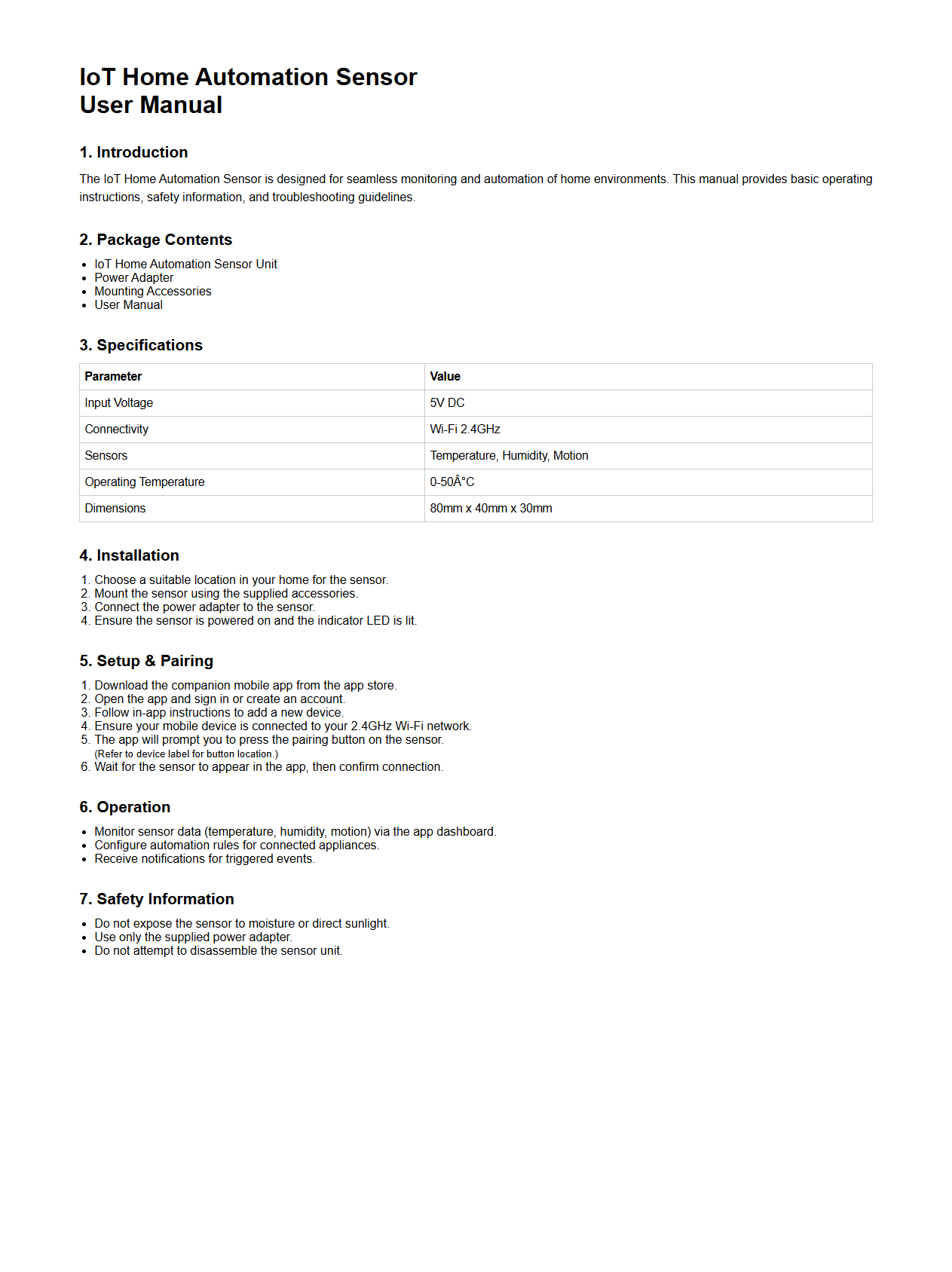 IoT Home Automation Sensor User Manual
