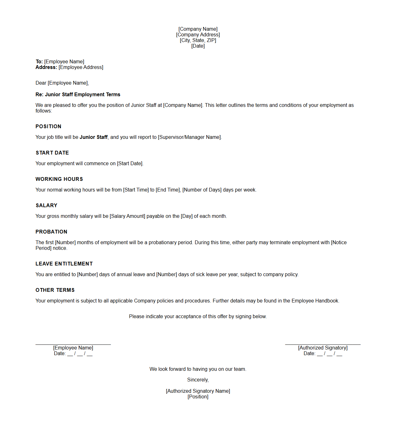 Junior Staff Employment Terms Letter Template