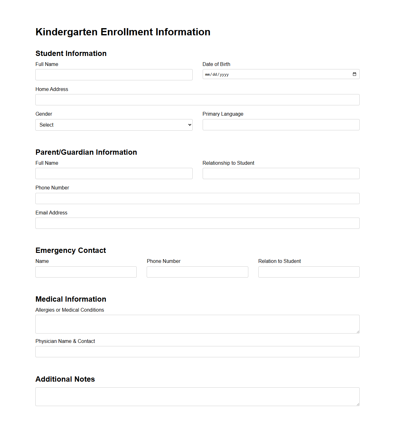 Kindergarten Enrollment Information Template