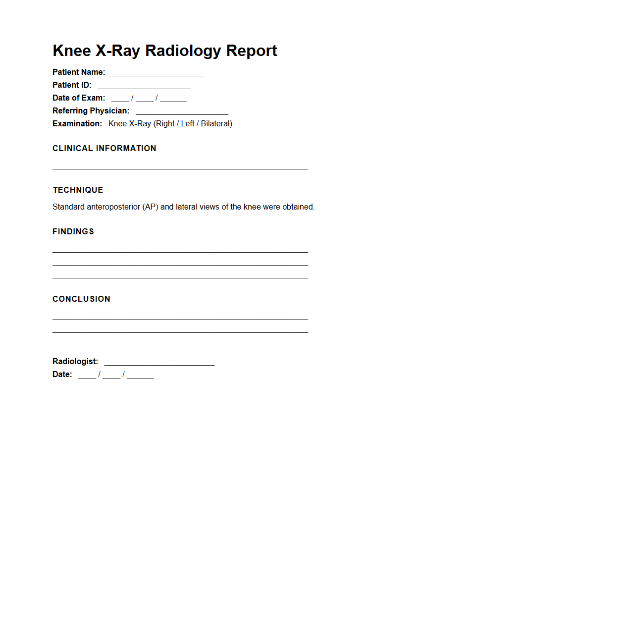 Knee X-Ray Radiology Report Sample