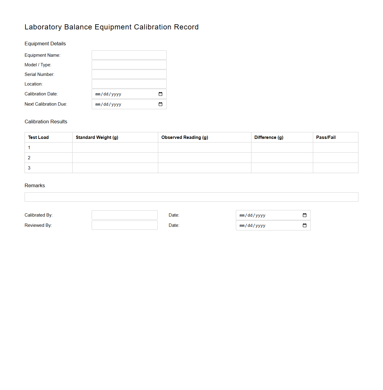 Laboratory Balance Equipment Calibration Record Sample