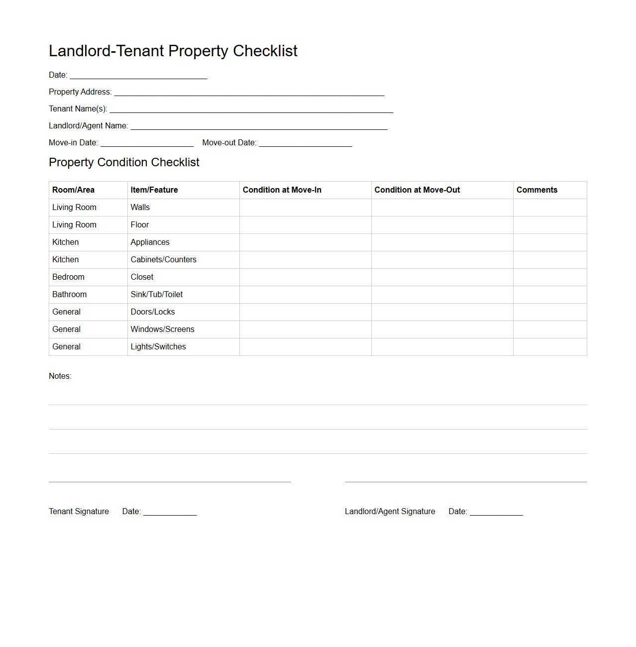Landlord-Tenant Property Checklist Template