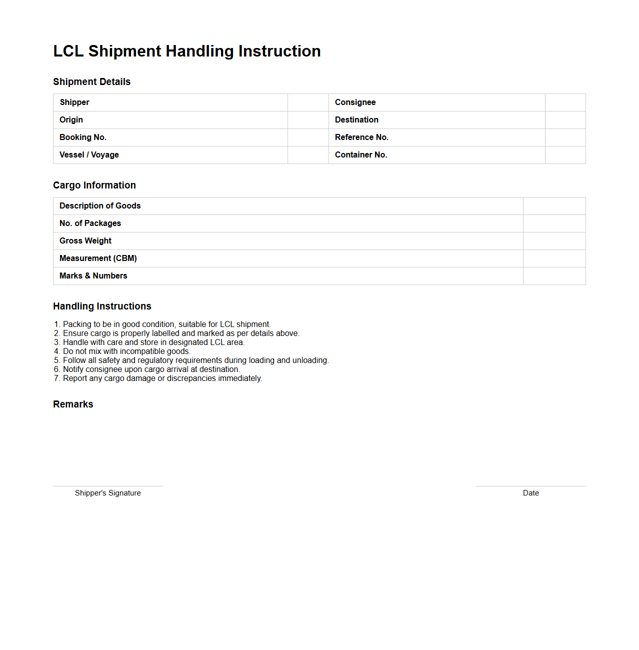 LCL Shipment Handling Instruction Sample