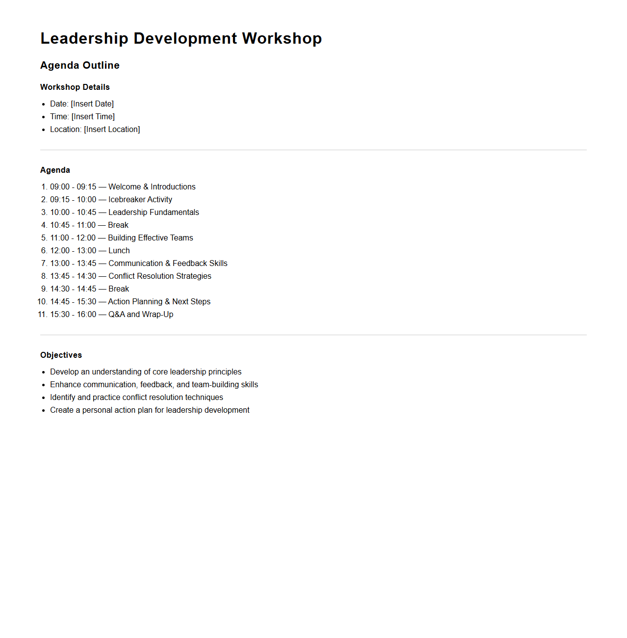 Leadership Development Workshop Agenda Outline