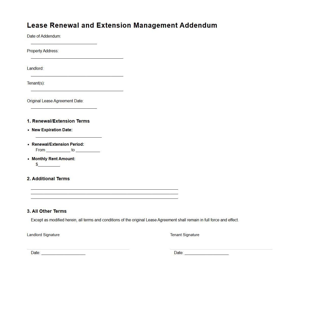 Lease Renewal and Extension Management Addendum Example