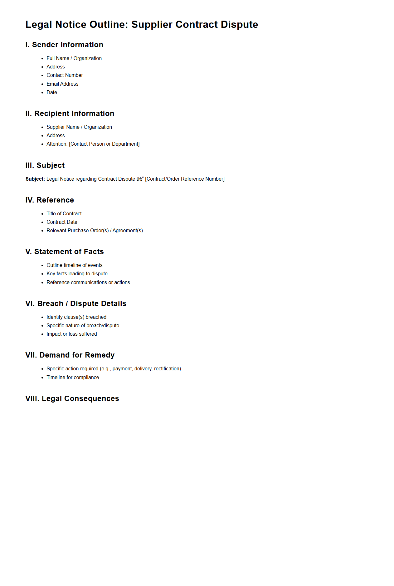 Legal Notice Outline for Supplier Contract Disputes