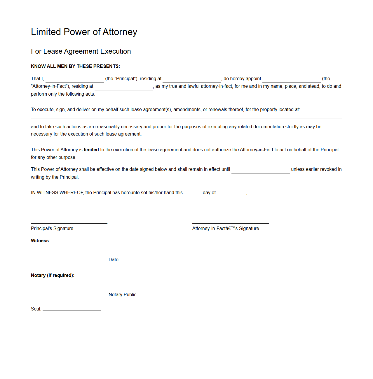 Limited Power of Attorney for Lease Agreement Execution
